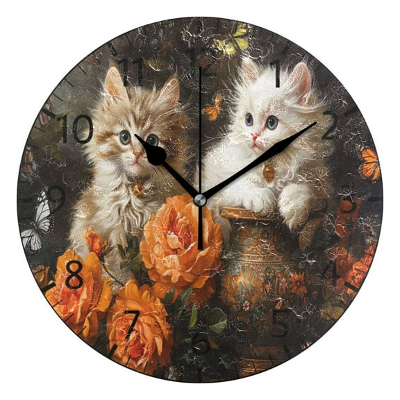 YAZAOO Decorative Wall Clock Size:25cm Kittens with Roses and Butterflies Design Pattern Clock