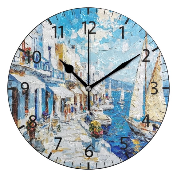YAZAOO Decorative Wall Clock Size：25cm Mediterranean Seaside Village Design Pattern Clock