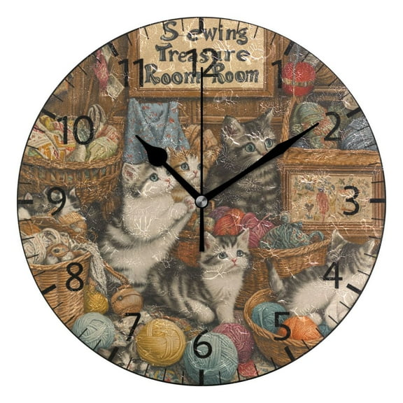 YAZAOO Decorative Wall Clock Size：25cm Naughty Kittens Design Pattern Clock