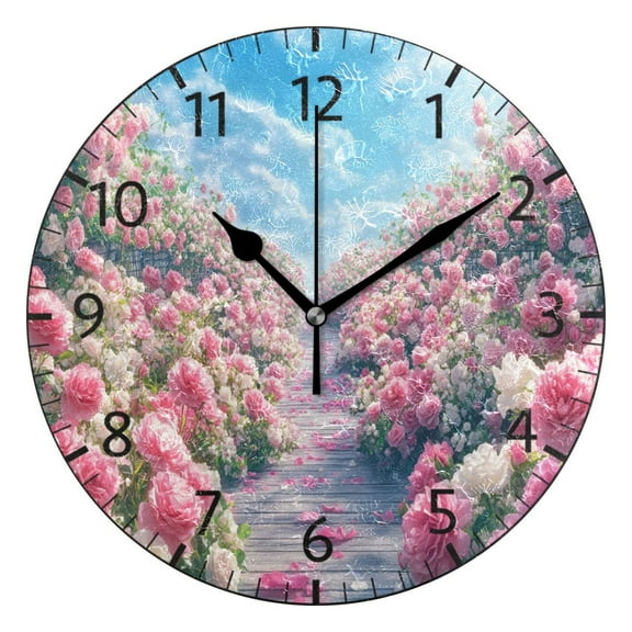 YAZAOO Decorative Wall Clock Size：25cm Pathway Lined with Pink_roses Design Pattern Clock