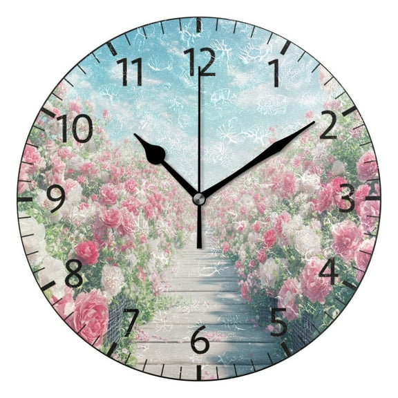 YAZAOO Decorative Wall Clock Size:25cm Pathway Surrounded by Blooming_roses Design Pattern Clock