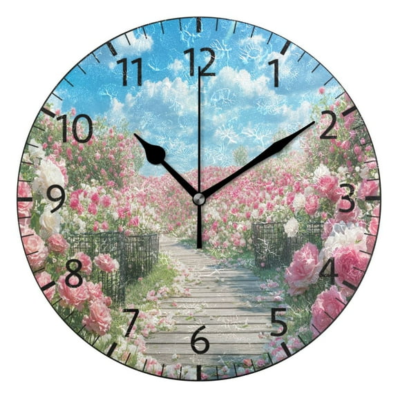 YAZAOO Decorative Wall Clock Size:25cm Pink Blooming Rose Design Pattern Clock