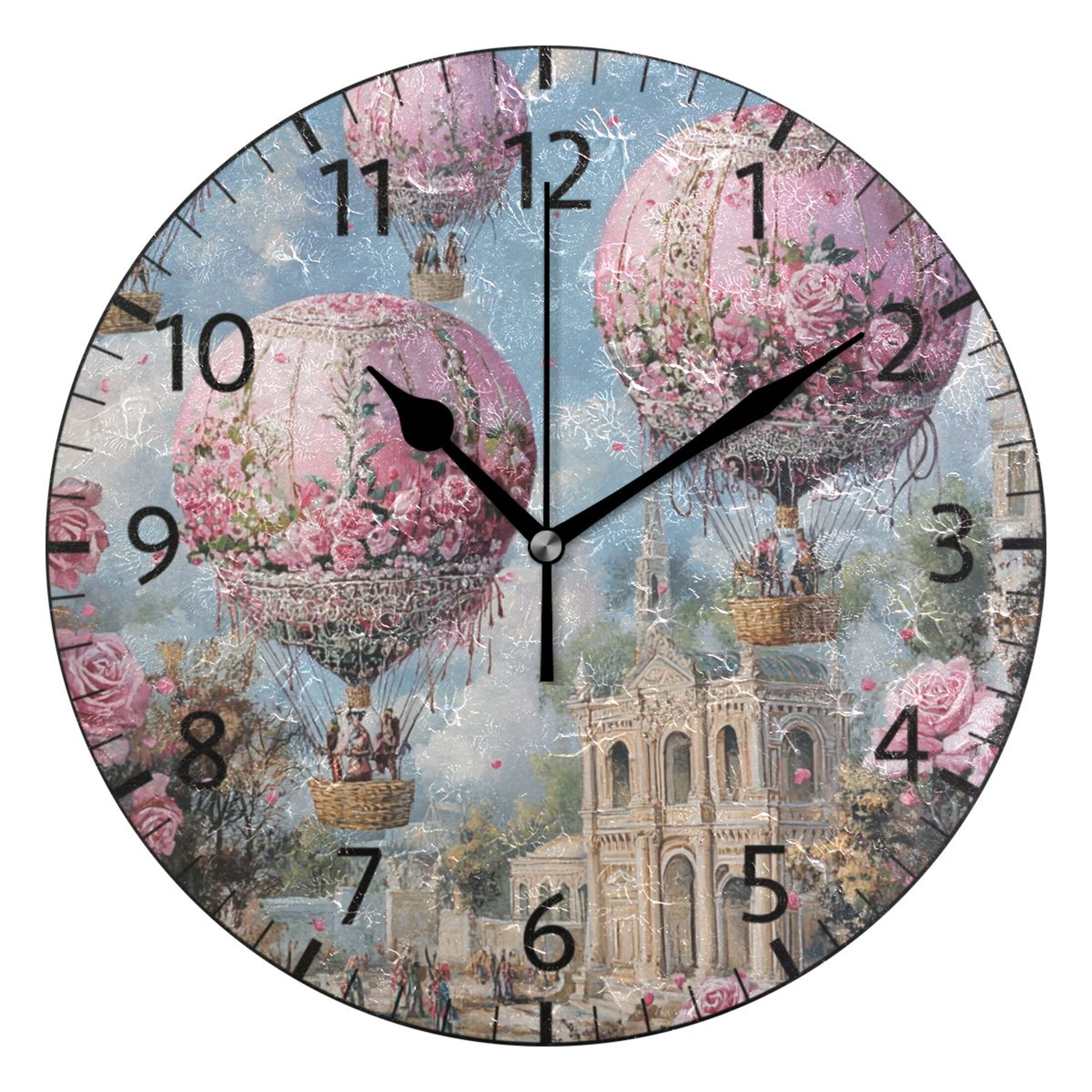 YAZAOO Decorative Wall Clock Size：25cm Pink Floral Hot Air Balloons ...
