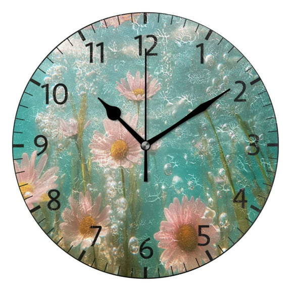 YAZAOO Decorative Wall Clock Size:25cm Pink Flowers and Bubbles Design Pattern Clock