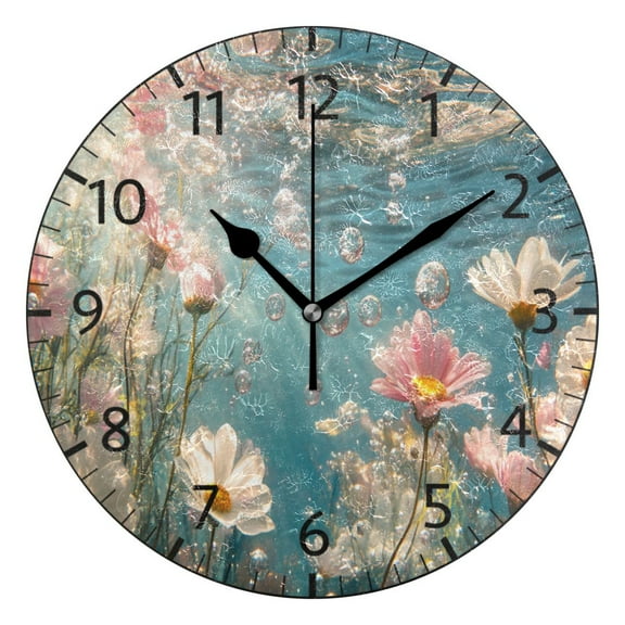 YAZAOO Decorative Wall Clock Size：25cm Pink Flowers and Daisies Design Pattern Clock