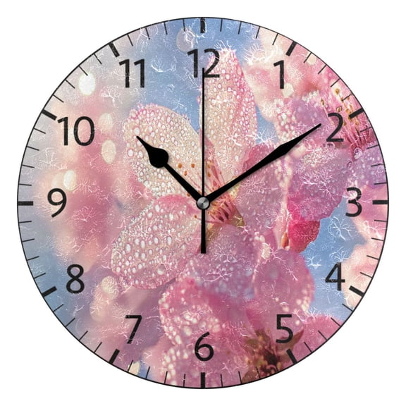 YAZAOO Decorative Wall Clock Size：25cm Pink Flowers with Water Droplets Design Pattern Clock