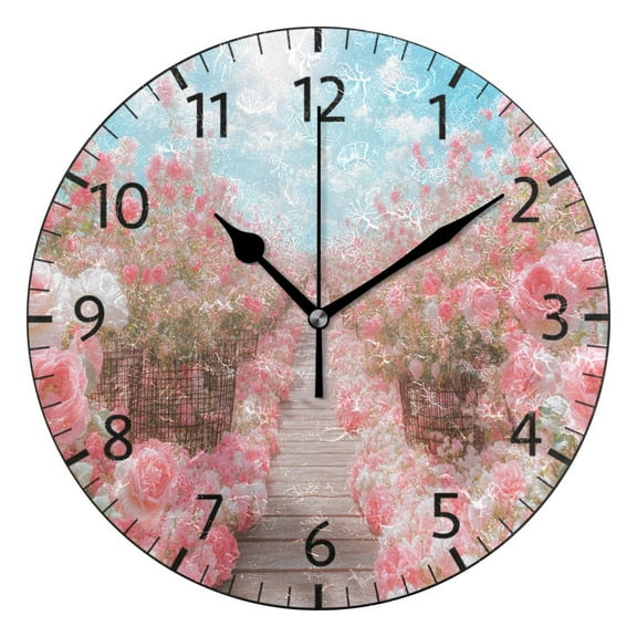 YAZAOO Decorative Wall Clock Size:25cm Pink Rose Garden Design Pattern Clock