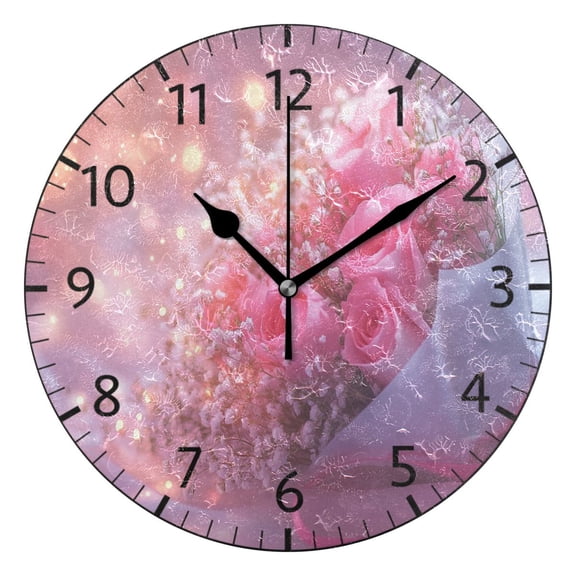 YAZAOO Decorative Wall Clock Size:25cm Pink Roses Bouquet with Lights Design Pattern Clock