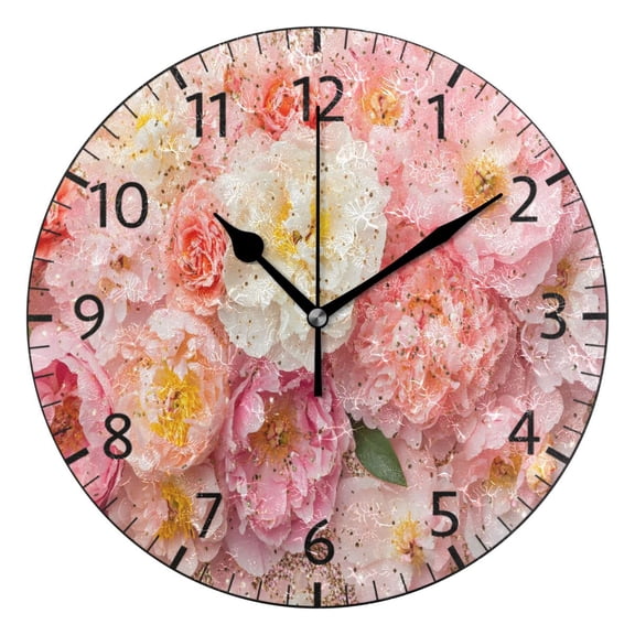 YAZAOO Decorative Wall Clock Size：25cm Pink and White Flowers Glitter Design Pattern Clock