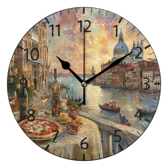 YAZAOO Decorative Wall Clock Size：25cm Pizza and Wine Overlooking Venice Design Pattern Clock