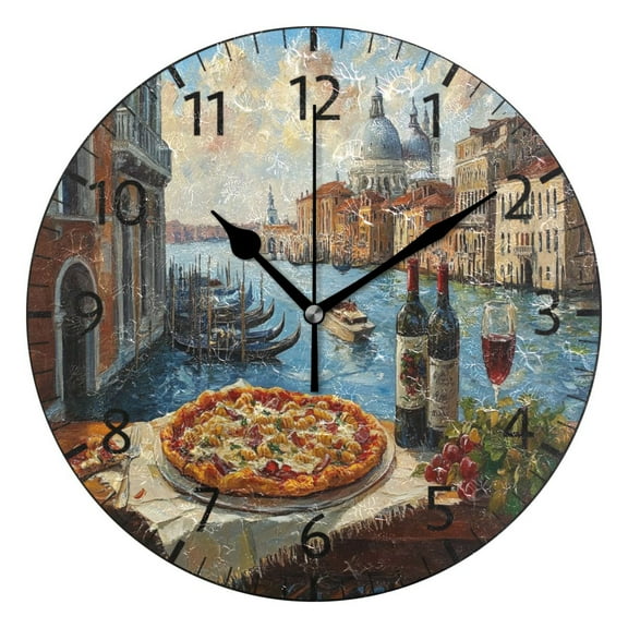 YAZAOO Decorative Wall Clock Size：25cm Pizza and Wine by Canal Design Pattern Clock