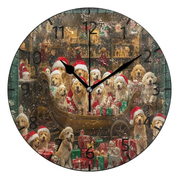 YAZAOO Decorative Wall Clock Size:25cm Puppies in Santa Hats Sleigh Design Pattern Clock