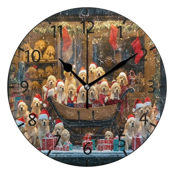 YAZAOO Decorative Wall Clock Size:25cm Puppies in Santa Hats Sleigh Design Pattern Clock