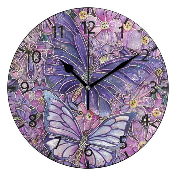 YAZAOO Decorative Wall Clock Size：25cm Purple Butterfly Garden Design Pattern Clock