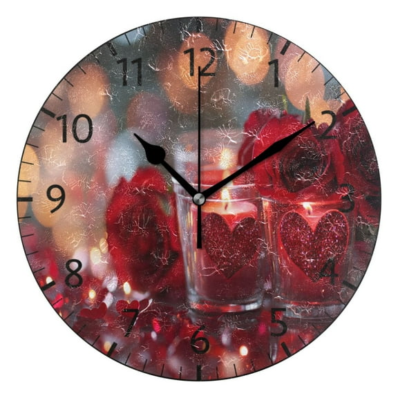 YAZAOO Decorative Wall Clock Size:25cm Red Heart Candles and Petals Design Pattern Clock