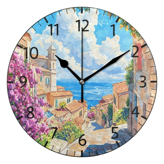 YAZAOO Decorative Wall Clock Size：25cm Scenic Coastal Village Painting Design Pattern Clock