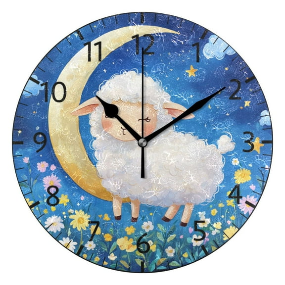 YAZAOO Decorative Wall Clock Size：25cm Sheep on A Crescent Moon Design Pattern Clock