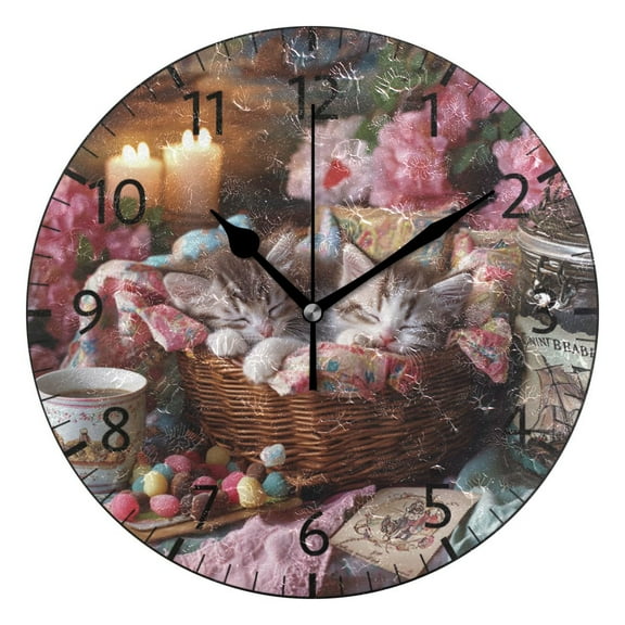 YAZAOO Decorative Wall Clock Size:25cm Sleeping Kittens in Wicker Basket Design Pattern Clock