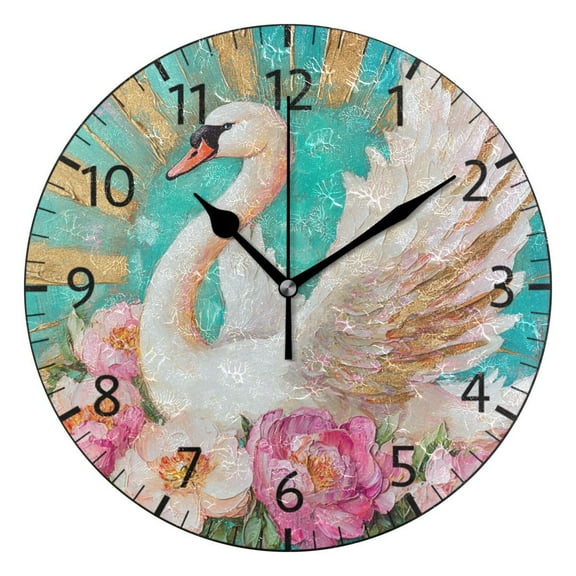YAZAOO Decorative Wall Clock Size:25cm Sunlit Swan Bouquet Design Pattern Clock