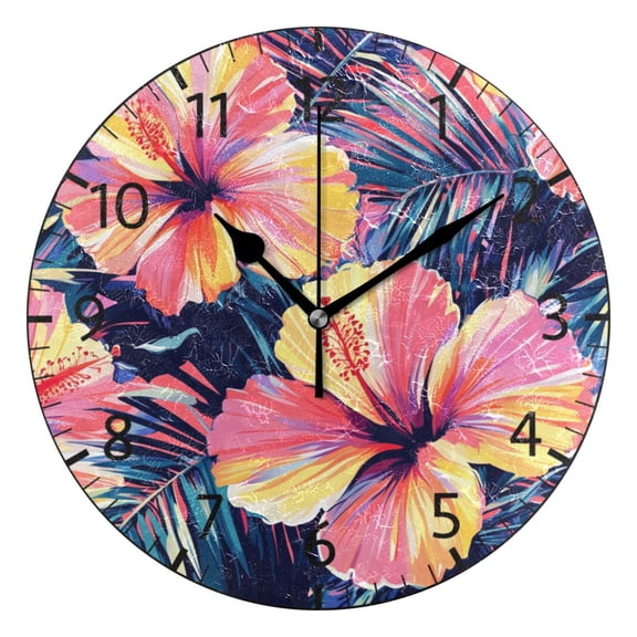 YAZAOO Decorative Wall Clock Size：25cm Sunset Hibiscus Design Pattern Clock