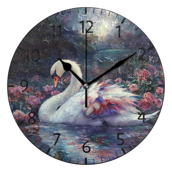YAZAOO Decorative Wall Clock Size:25cm Swan Among Flowers at Night Design Pattern Clock