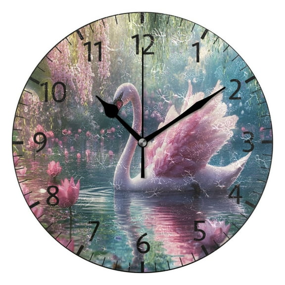 YAZAOO Decorative Wall Clock Size:25cm Swan Swimming Among Lotus Flowers Design Pattern Clock