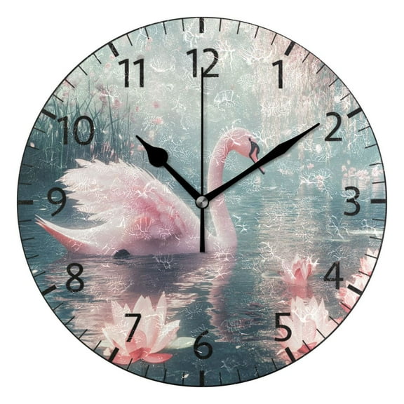 YAZAOO Decorative Wall Clock Size:25cm Swan with Pink Wings Swimming Design Pattern Clock