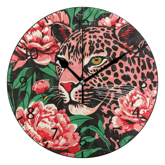 YAZAOO Decorative Wall Clock Size：25cm The Leaping Leopard Design Pattern Clock
