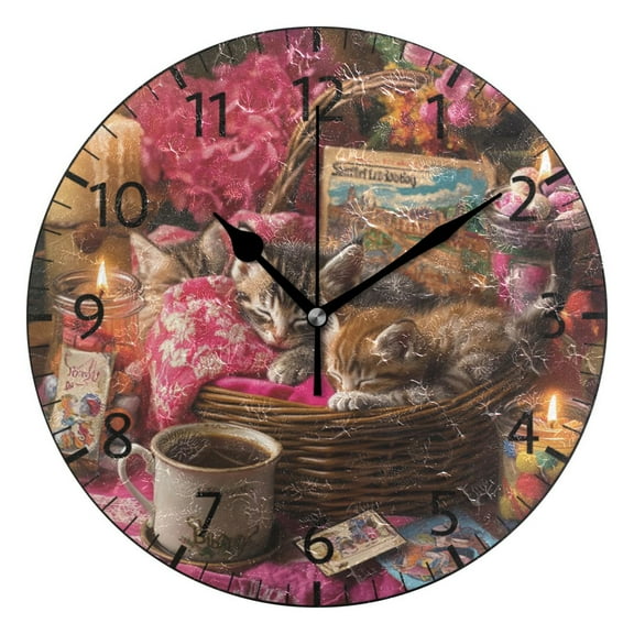 YAZAOO Decorative Wall Clock Size：25cm Three Kittens Sleeping in Basket Design Pattern Clock