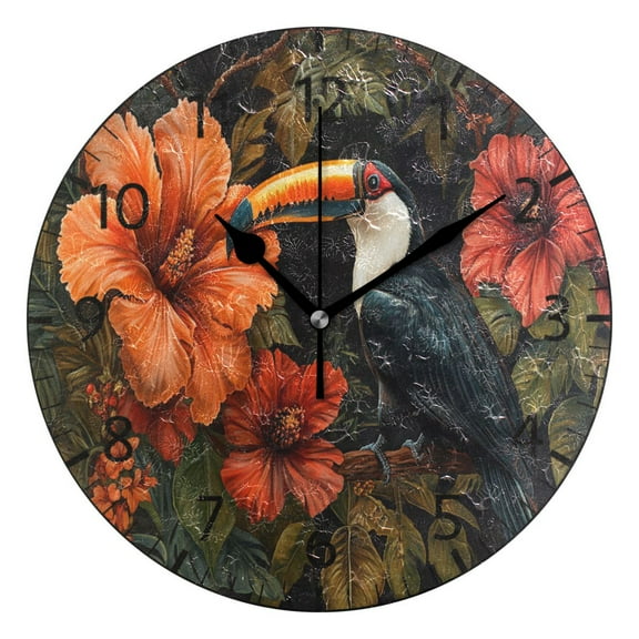 YAZAOO Decorative Wall Clock Size:25cm Toucan with Vibrant Flowers Design Pattern Clock