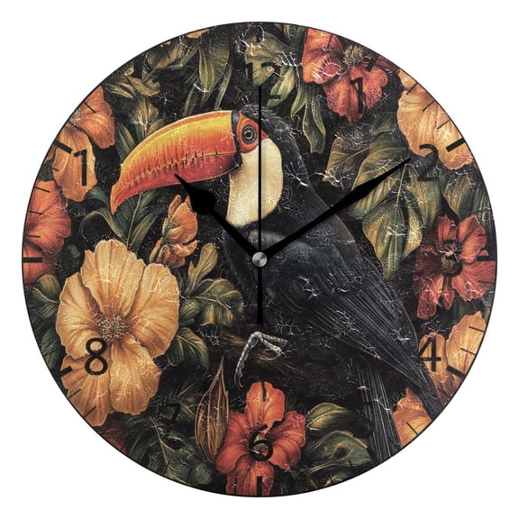 YAZAOO Decorative Wall Clock Size：25cm Toucan with Vibrant Tropical Flowers Design Pattern Clock