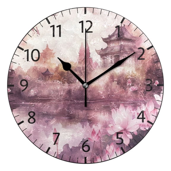 YAZAOO Decorative Wall Clock Size：25cm Traditional Pavilion by Serene Lake Design Pattern Clock