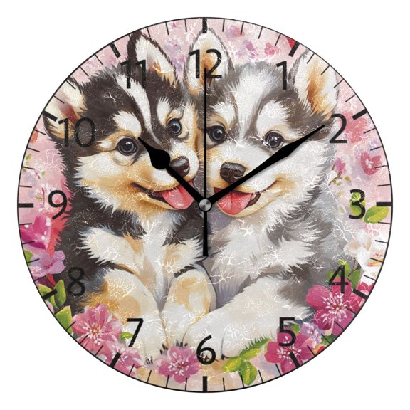 YAZAOO Decorative Wall Clock Size：25cm Two Puppies Surrounded by Flowers Design Pattern Clock