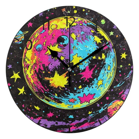 YAZAOO Decorative Wall Clock Size：25cm Vibrant Planetary Scene Design Pattern Clock
