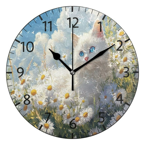 YAZAOO Decorative Wall Clock Size：25cm White Cat Among Daisies Design Pattern Clock