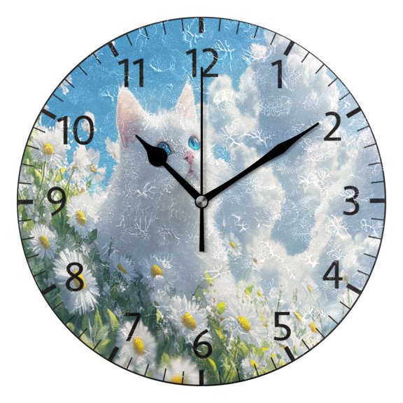 YAZAOO Decorative Wall Clock Size:25cm White Cat in Daisy Field Design Pattern Clock