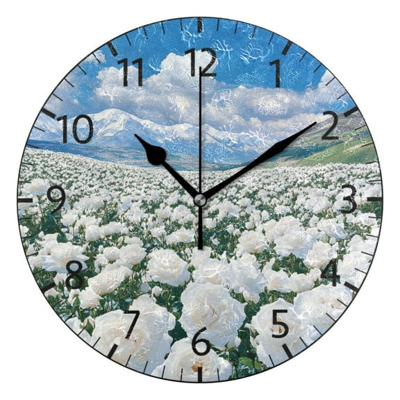 YAZAOO Decorative Wall Clock Size:25cm White Roses Snowy Mountains Sky Design Pattern Clock