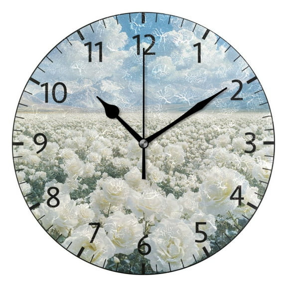YAZAOO Decorative Wall Clock Size:25cm White Roses and Mountains Landscape Design Pattern Clock