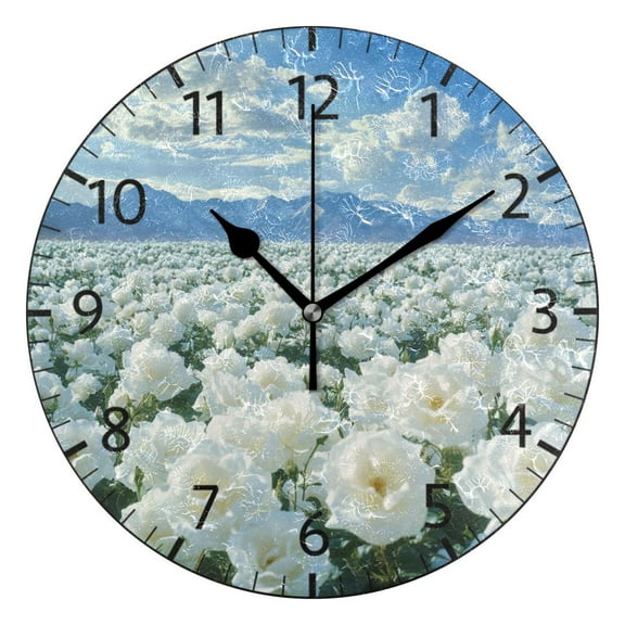 YAZAOO Decorative Wall Clock Size：25cm White Roses with Mountain Backdrop Design Pattern Clock
