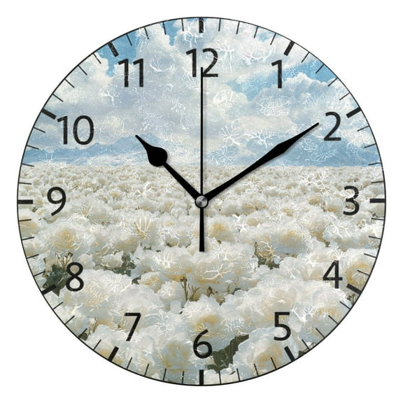 YAZAOO Decorative Wall Clock Size:25cm White Roses with Mountains Background Design Pattern Clock