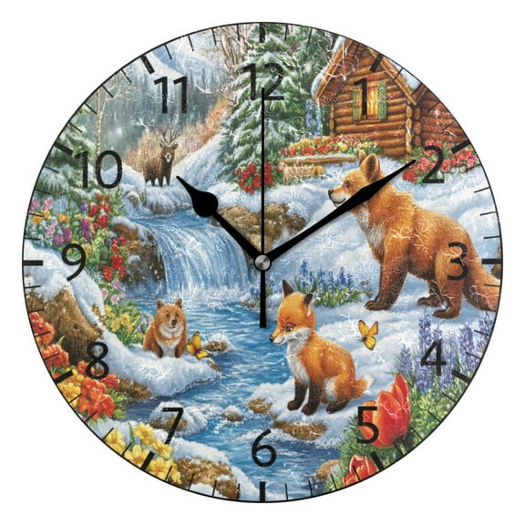 YAZAOO Decorative Wall Clock Sizeļ¼25cm Winter Scene with Animals Cabin Design Pattern Clock