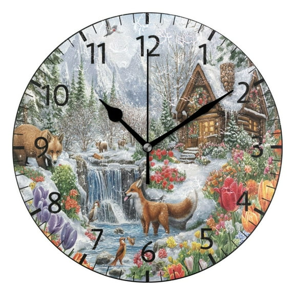 YAZAOO Decorative Wall Clock Size:25cm Winter Scene with Animals Flowers Design Pattern Clock