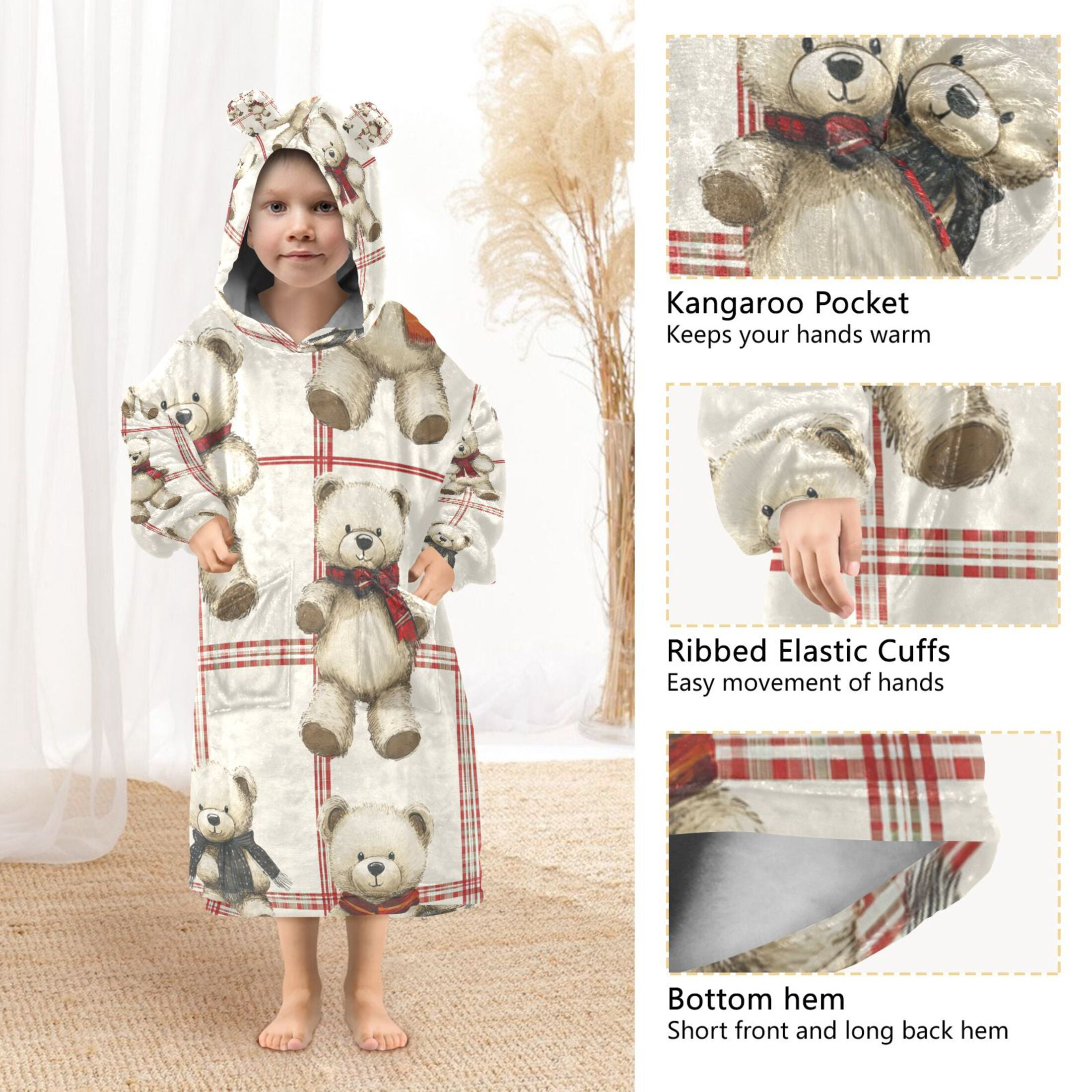 YAZAOO Kids Wearable Blanket Hoodie Warm and Cozy Bear Hugs and Checkered Love Flannel Sweatshirt