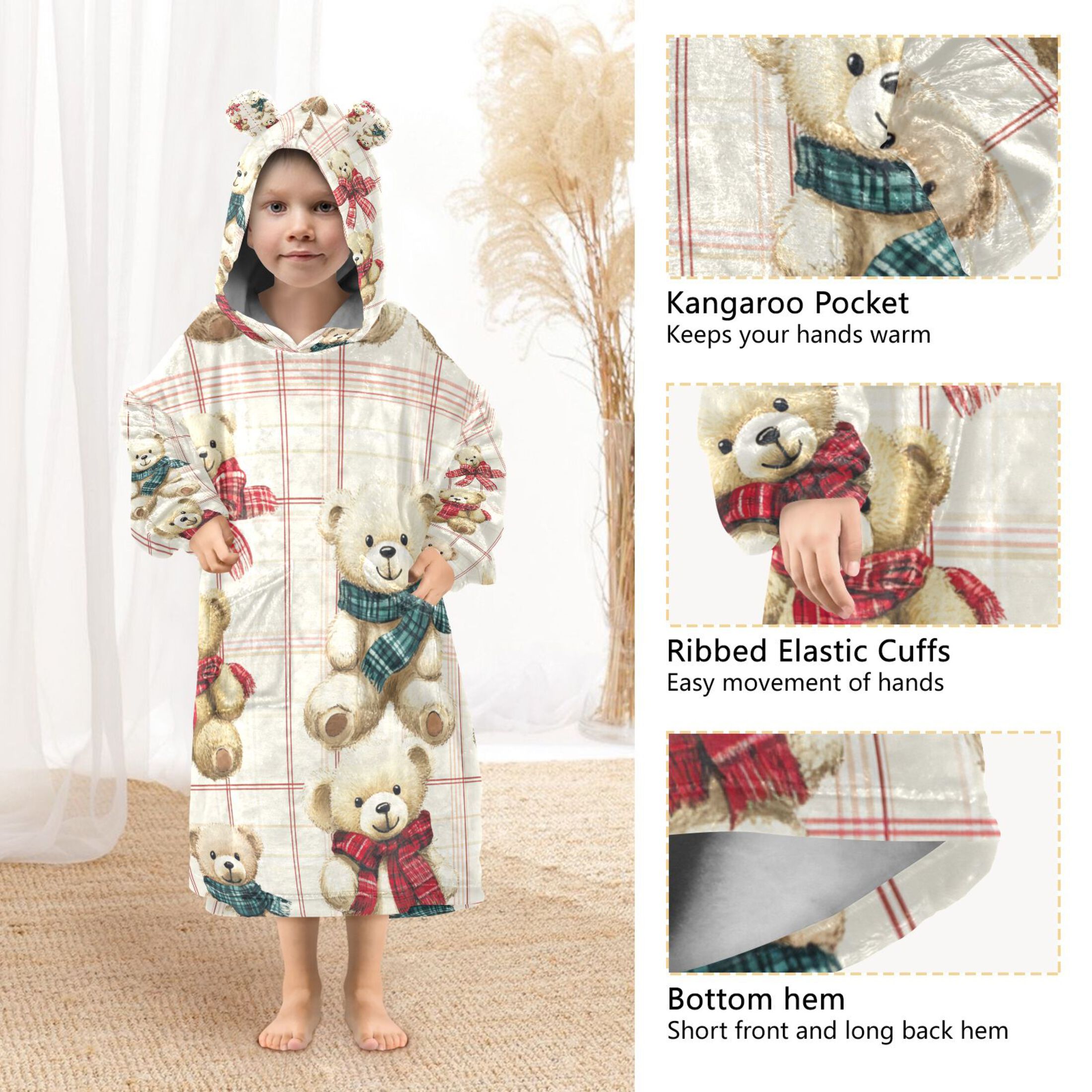 YAZAOO Kids Wearable Blanket Hoodie Warm and Cozy Bear Hugs and Checkered Love Flannel Sweatshirt