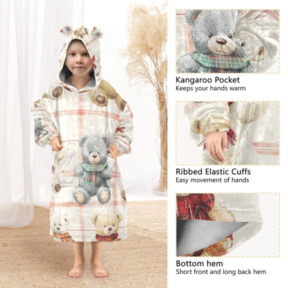 YAZAOO Kids Wearable Blanket Hoodie Warm and Cozy Charming Bears in Festive Patterns Flannel Sweatshirt