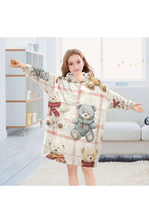 Kids Wearable Blanket Hoodie Warm and Cozy Charming Bears in Festive Patterns Flannel Sweatshirt