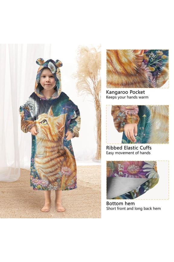 Kids Wearable Blanket Hoodie Warm and Cozy Cosmic Cat Flannel Sweatshirt