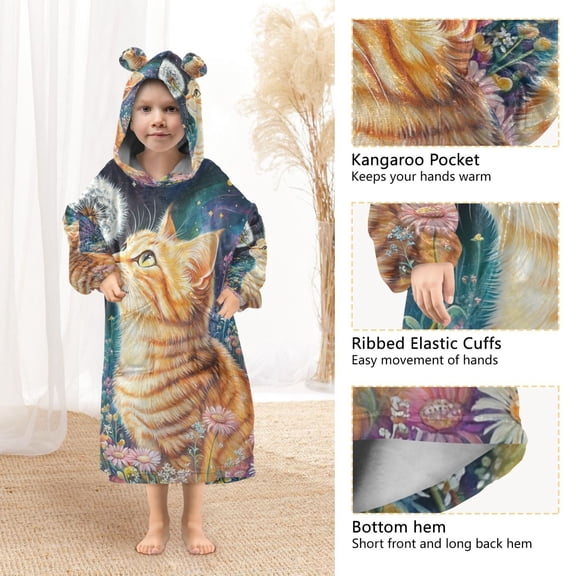 YAZAOO Kids Wearable Blanket Hoodie Warm and Cozy Cosmic Cat Flannel Sweatshirt