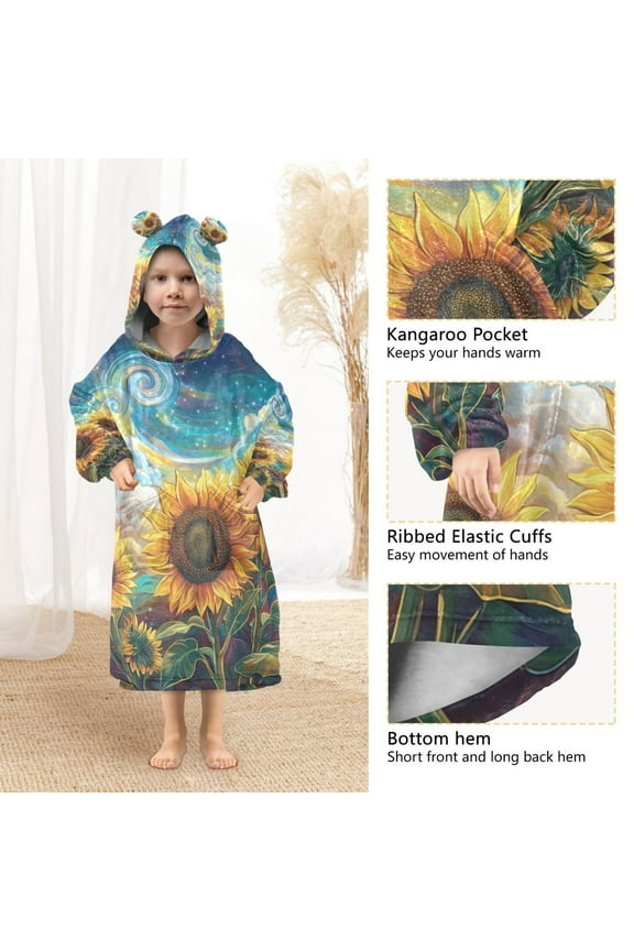 Kids Wearable Blanket Hoodie Warm and Cozy Dreamy Sunflowers in Colorful Universe Flannel Sweatshirt