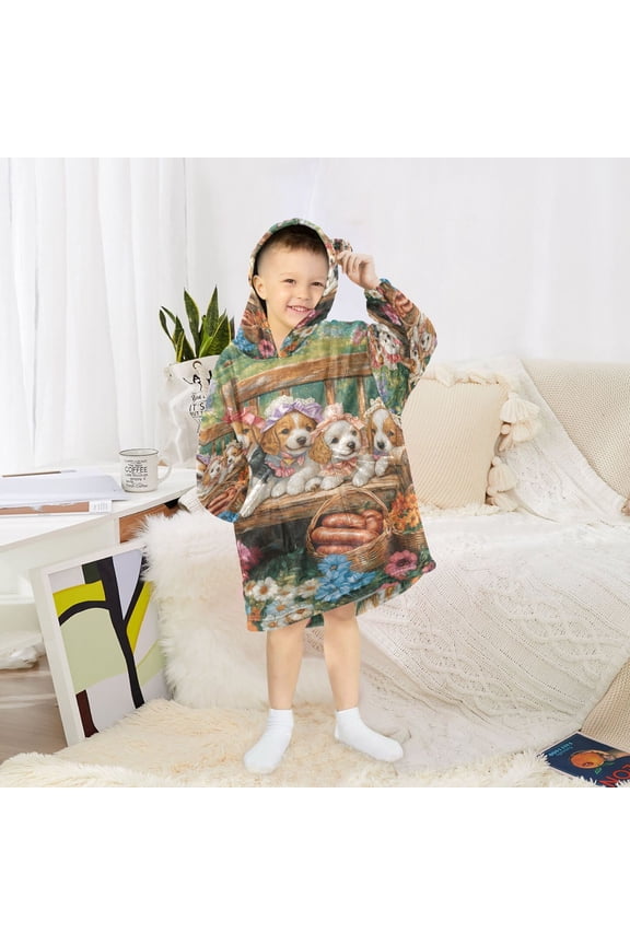 Kids Wearable Blanket Hoodie Warm and Cozy Flower-festooned Friends Flannel Sweatshirt